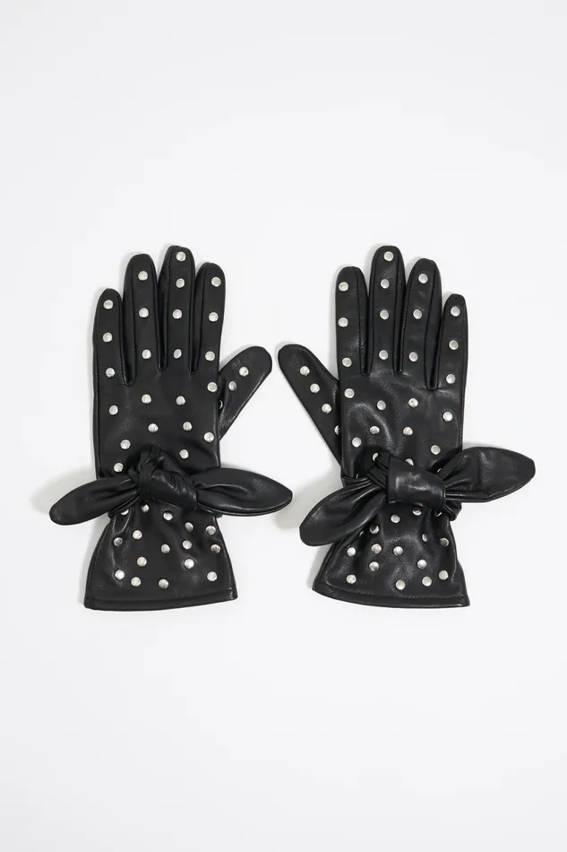 Black Studded Leather Bow Gloves Black Women Bimba Y Lola Gloves
