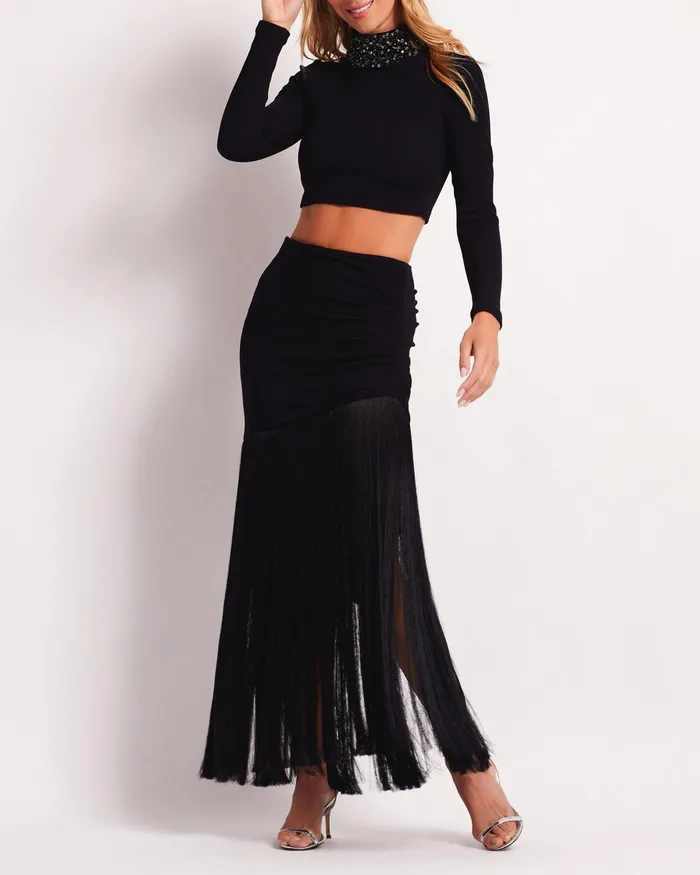 Bottoms Women PatBO Knit Fringe Trim Midi Skirt
