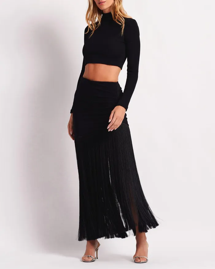 Bottoms Women PatBO Knit Fringe Trim Midi Skirt