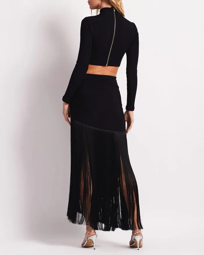 Bottoms Women PatBO Knit Fringe Trim Midi Skirt