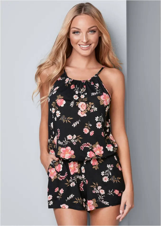 CASUAL FLORAL PRINT ROMPER Black Multi Women VENUS Casual Jumpsuits and Rompers