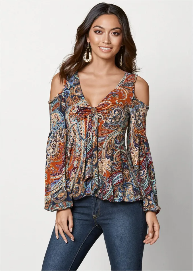 Coldshoulder Paisley Top Orange Multi Women VENUS Casual Tops