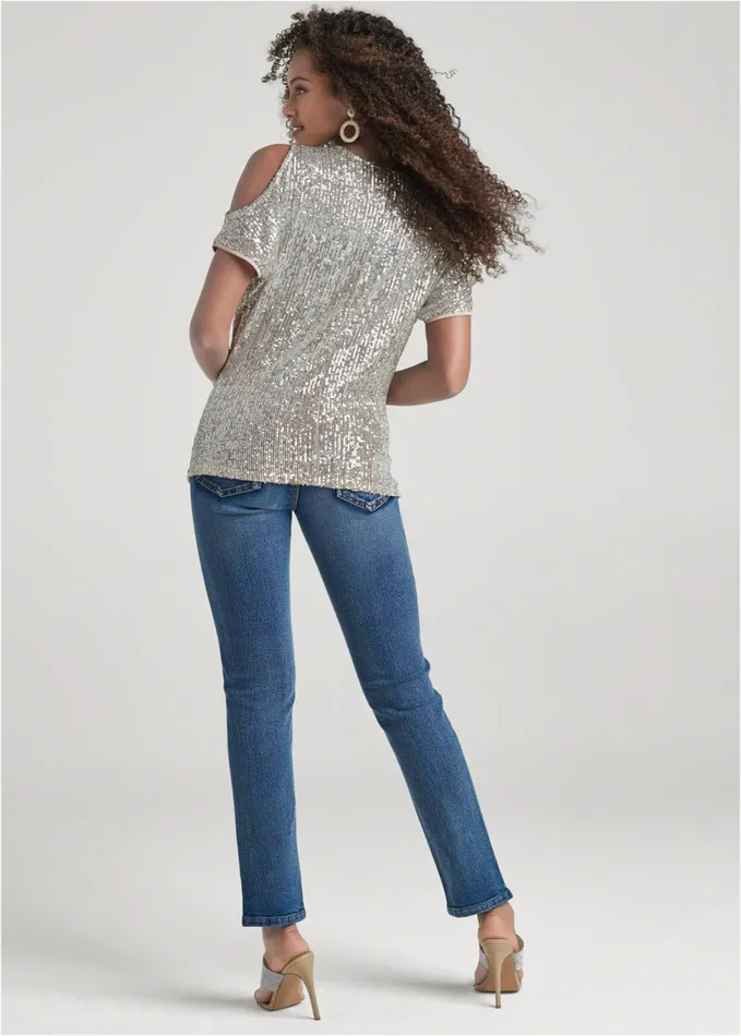 Coldshoulder Sequin Top Champagne Women VENUS Night Out Tops