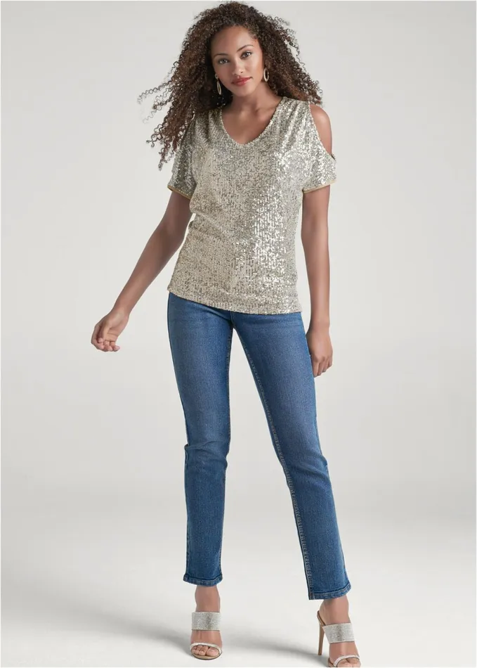 Coldshoulder Sequin Top Champagne Women VENUS Night Out Tops