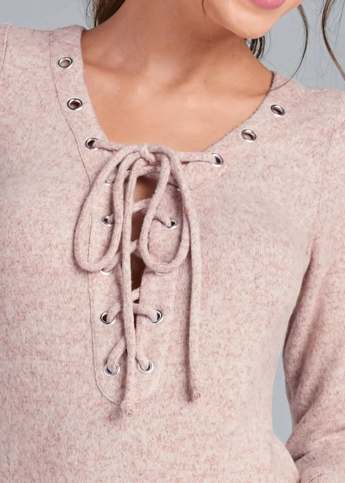 Cozy Hacci LaceUp Sweatshirt Dress Pale Pink Women VENUS Casual Dresses
