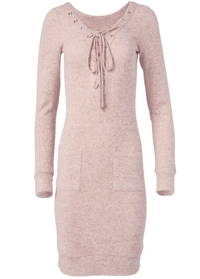 Cozy Hacci LaceUp Sweatshirt Dress Pale Pink Women VENUS Casual Dresses
