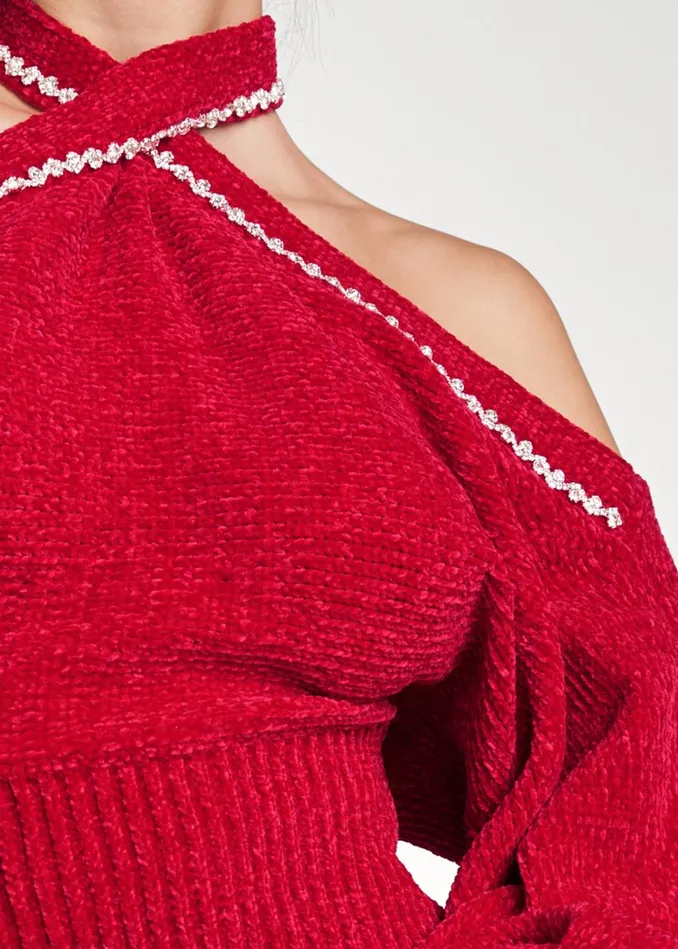 Crisscross Front ColdShoulder Sweater Red Women VENUS Sexy Sweaters
