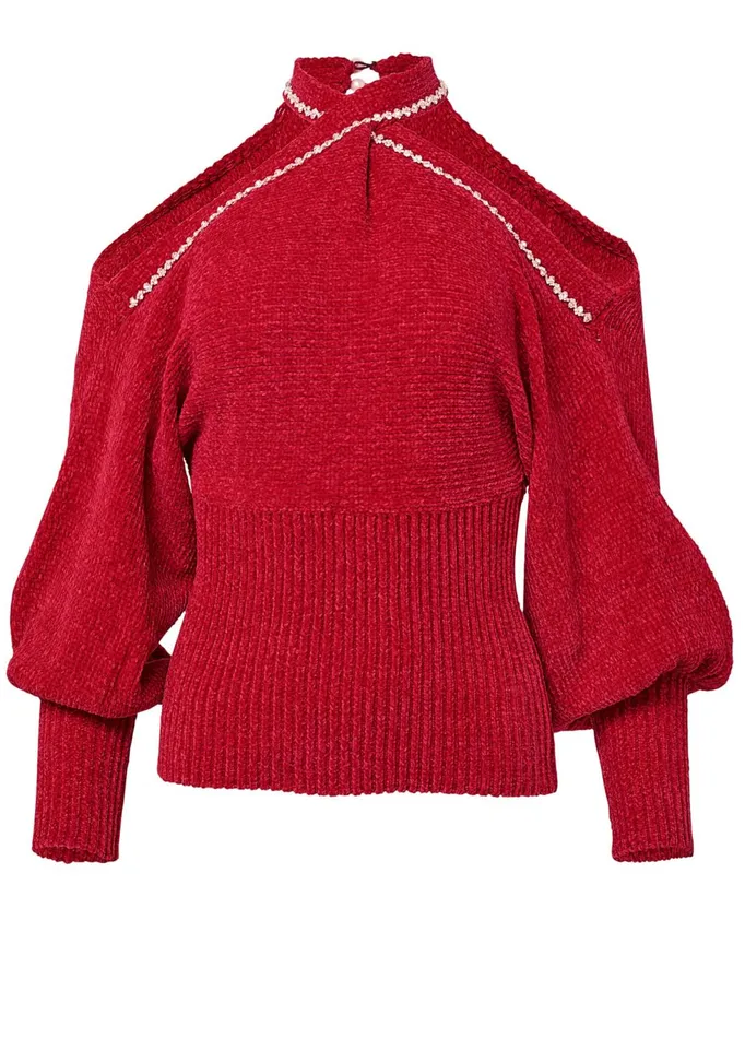 Crisscross Front ColdShoulder Sweater Red Women VENUS Sexy Sweaters