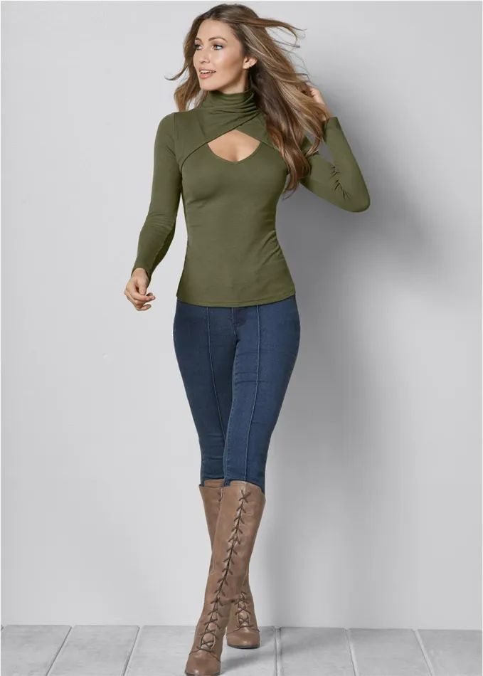 Cutout Mockneck Top Olive Women VENUS Casual Tops