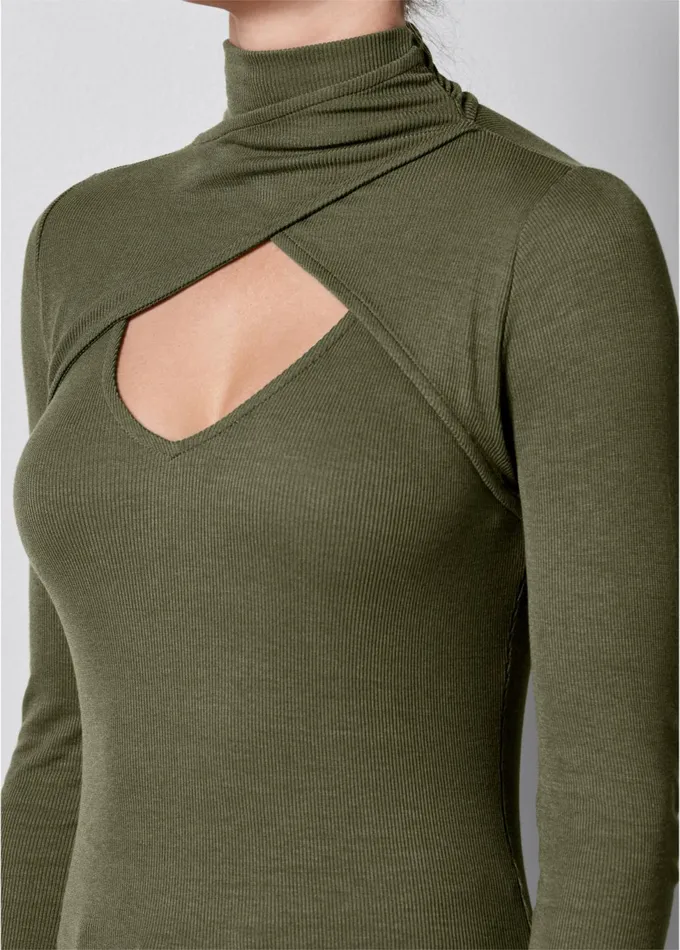 Cutout Mockneck Top Olive Women VENUS Casual Tops