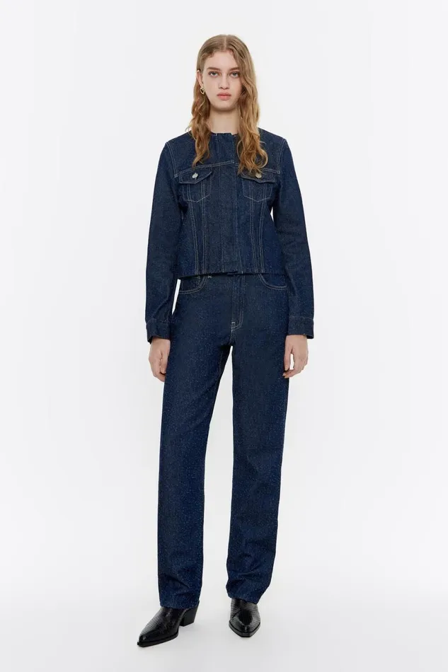 Dark Blue Perforated Denim Jacket Dark Denim Blue Women Bimba Y Lola Jackets And Blazers