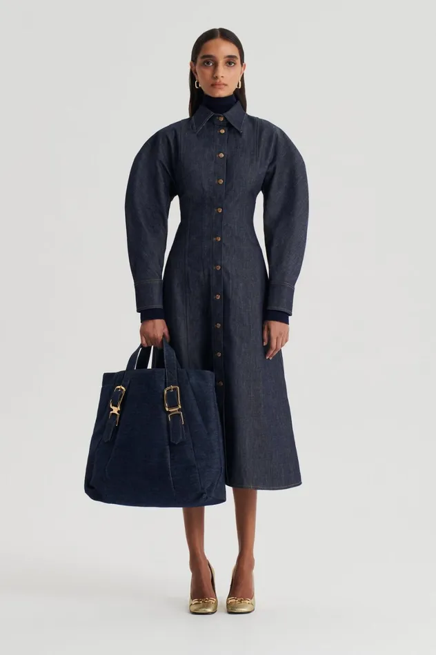 Denim Women Scanlan Theodore DENIM COCOON SLEEVE MIDI DRESS Indigo B