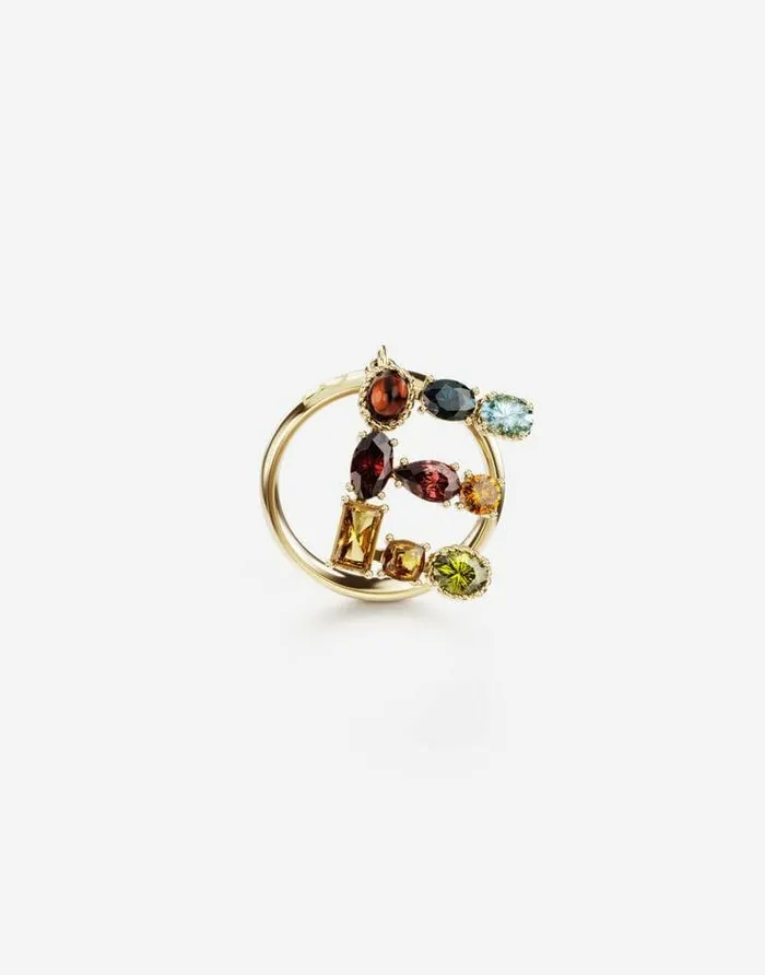 Dolce and Gabbana Alphabet Collection Women Rainbow Alphabet E Ring In Yellow Gold With Multicolor Fine Gems Gold