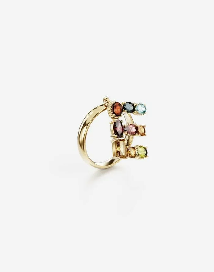 Dolce and Gabbana Alphabet Collection Women Rainbow Alphabet E Ring In Yellow Gold With Multicolor Fine Gems Gold Dolce and Gabbana Alphabet Collection Women Rainbow Alphabet E Ring In Yellow Gold With Multicolor Fine Gems Gold