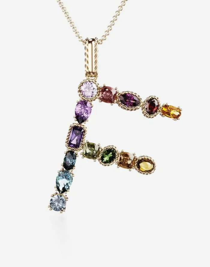 Dolce and Gabbana Alphabet Collection Women Rainbow Alphabet F Pendant In Yellow Gold With Multicolor Fine Gems Gold Dolce and Gabbana Alphabet Collection Women Rainbow Alphabet F Pendant In Yellow Gold With Multicolor Fine Gems Gold