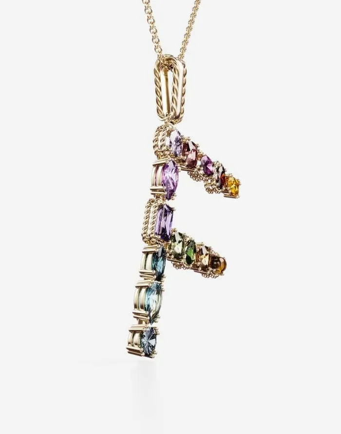 Dolce and Gabbana Alphabet Collection Women Rainbow Alphabet F Pendant In Yellow Gold With Multicolor Fine Gems Gold Dolce and Gabbana Alphabet Collection Women Rainbow Alphabet F Pendant In Yellow Gold With Multicolor Fine Gems Gold