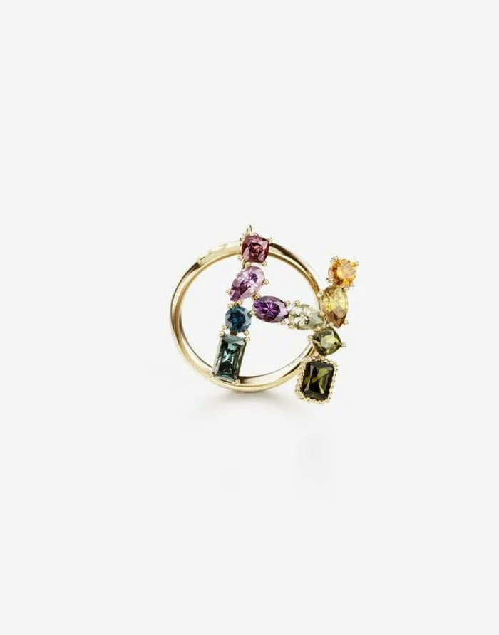 Dolce and Gabbana Alphabet Collection Women Rainbow Alphabet H Ring In Yellow Gold With Multicolor Fine Gems Gold