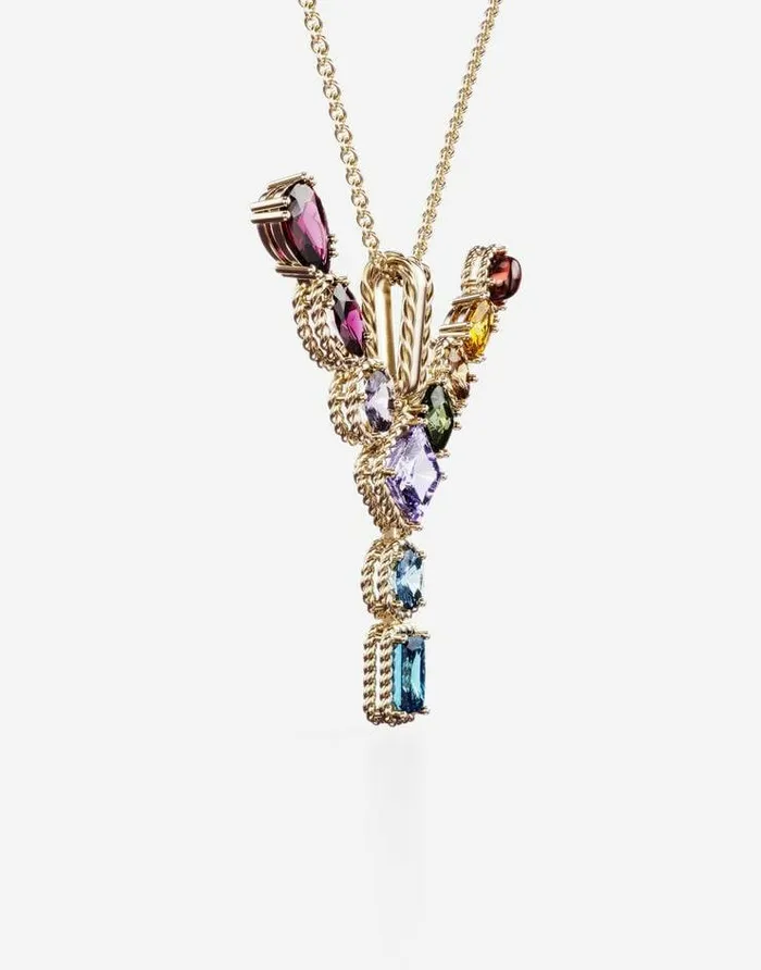 Dolce and Gabbana Alphabet Collection Women Rainbow Alphabet Y Pendant In Yellow Gold With Multicolor Fine Gems Gold Dolce and Gabbana Alphabet Collection Women Rainbow Alphabet Y Pendant In Yellow Gold With Multicolor Fine Gems Gold