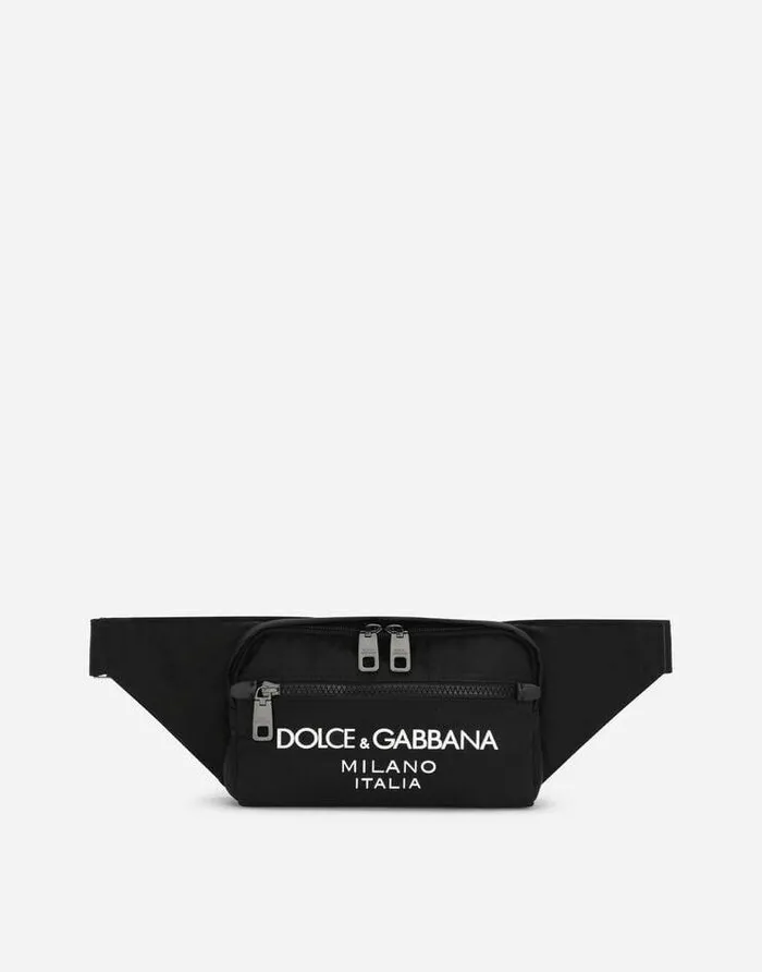Dolce and Gabbana Backpacks And Fanny Packs Men Small Nylon Belt Bag With Rubberized Logo Black