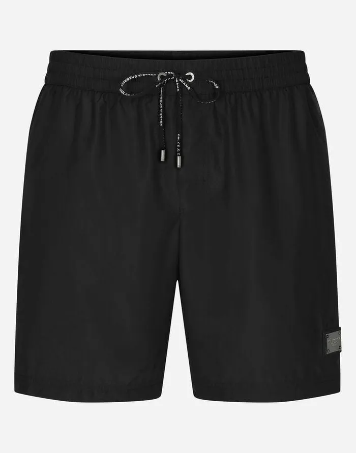 Dolce and Gabbana Beachwear Men Midlength Swim Trunks With Branded Plate Black Dolce and Gabbana Beachwear Men Midlength Swim Trunks With Branded Plate Black