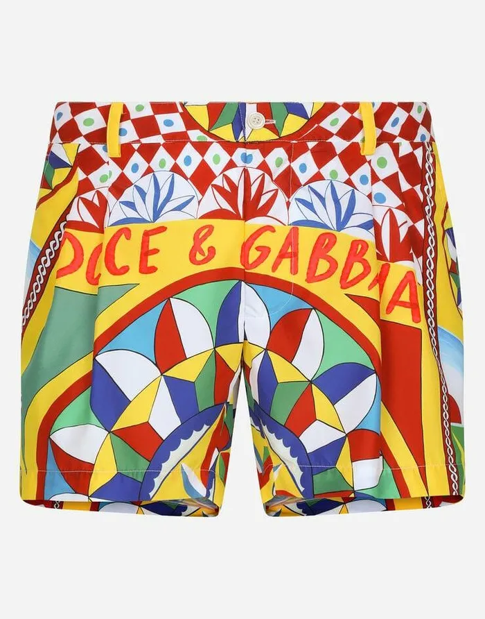 Dolce and Gabbana Beachwear Men Short Swim Trunks With Carretto Print Red