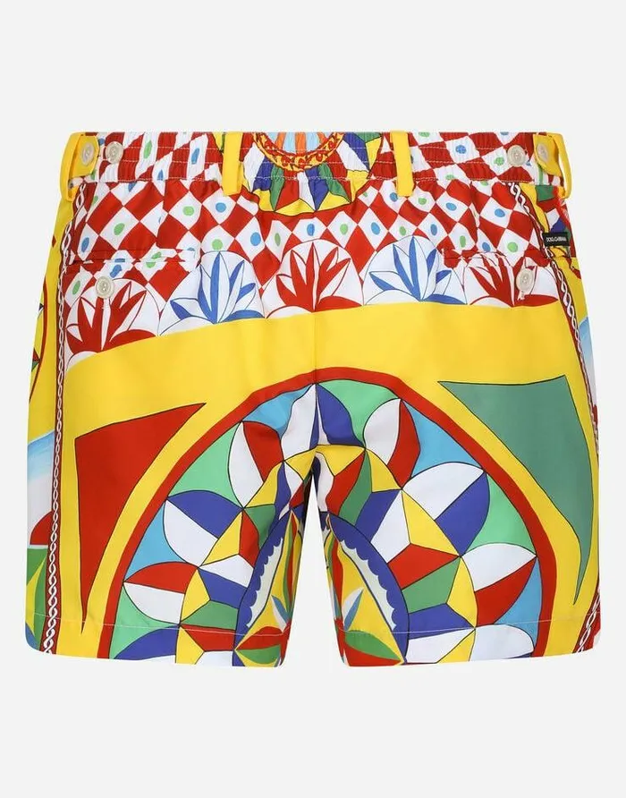 Dolce and Gabbana Beachwear Men Short Swim Trunks With Carretto Print Red Dolce and Gabbana Beachwear Men Short Swim Trunks With Carretto Print Red