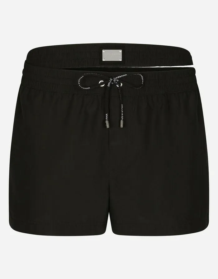 Dolce and Gabbana Beachwear Men Short Swim Trunks With Double Waistband And Branded Tag Black Dolce and Gabbana Beachwear Men Short Swim Trunks With Double Waistband And Branded Tag Black