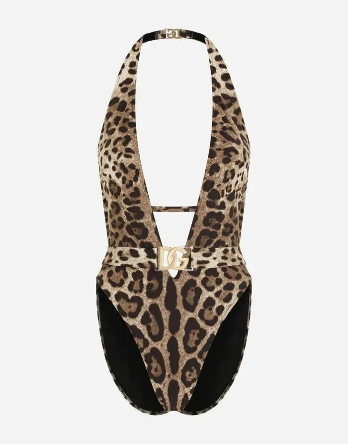 Dolce and Gabbana Beachwear Women Leopardprint Onepiece Swimsuit With Belt Animal Print