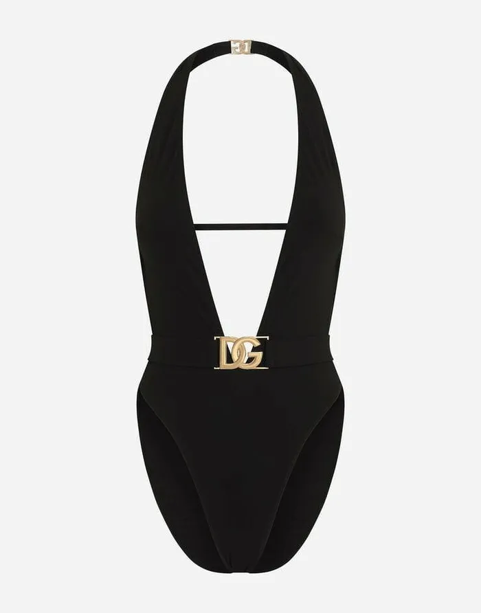 Dolce and Gabbana Beachwear Women Onepiece Swimsuit With Plunging Neck And Belt Black