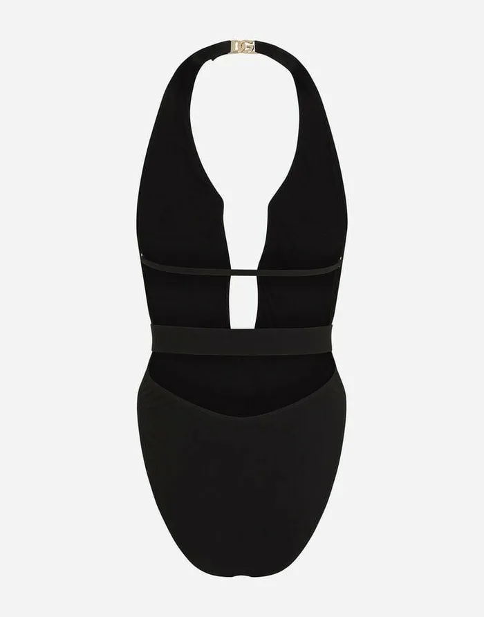 Dolce and Gabbana Beachwear Women Onepiece Swimsuit With Plunging Neck And Belt Black Dolce and Gabbana Beachwear Women Onepiece Swimsuit With Plunging Neck And Belt Black