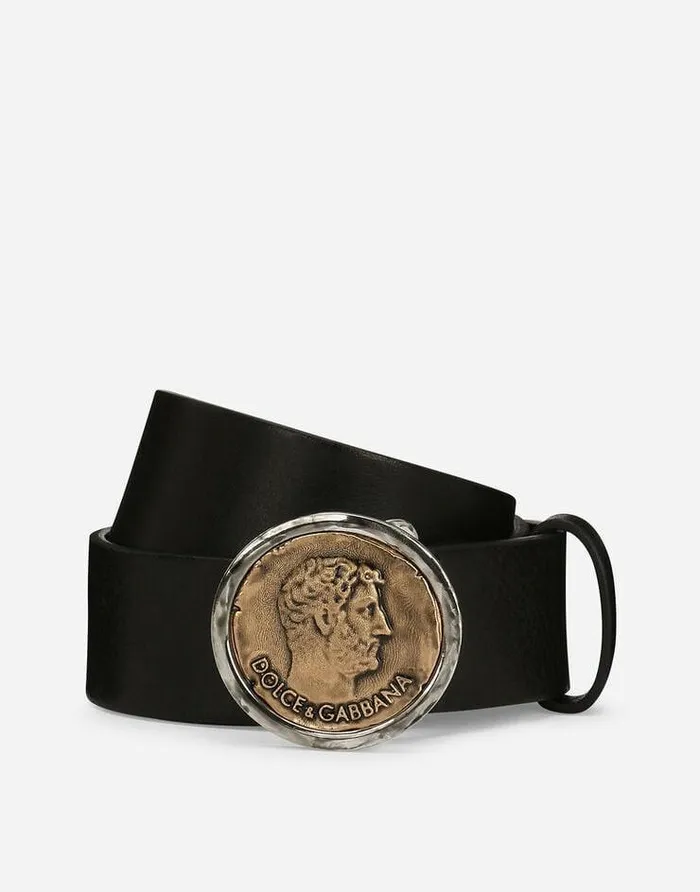 Dolce and Gabbana Belts Men Leather Belt With Brand Coin Black