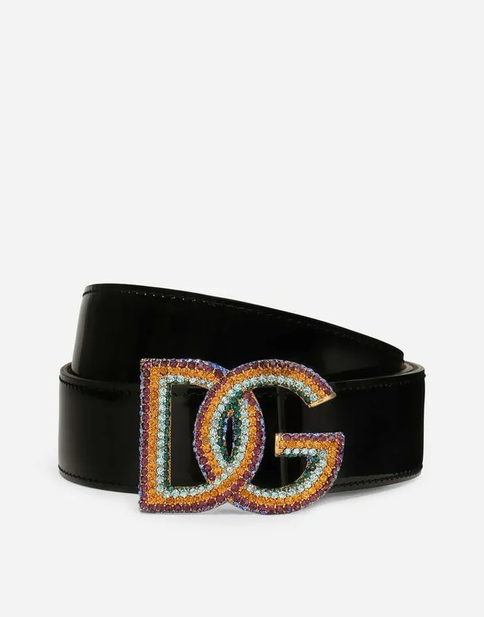 Dolce and Gabbana Belts Women Polished Calfskin Belt With Crystal DG Logo Multicolor