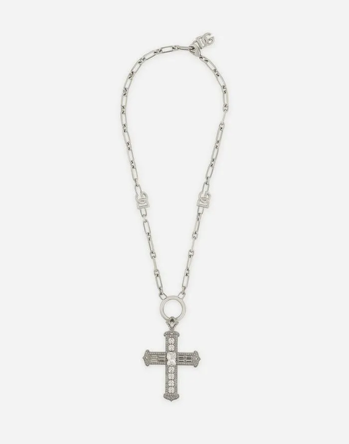 Dolce and Gabbana Bijoux Men Chain Necklace With Cross And Crystals Silver