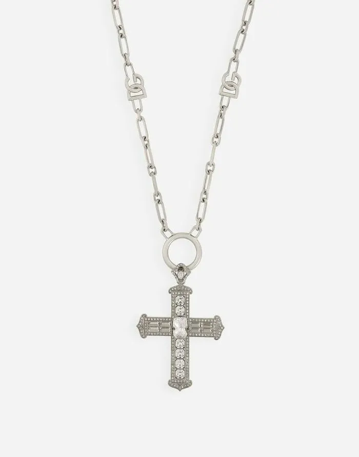 Dolce and Gabbana Bijoux Men Chain Necklace With Cross And Crystals Silver Dolce and Gabbana Bijoux Men Chain Necklace With Cross And Crystals Silver