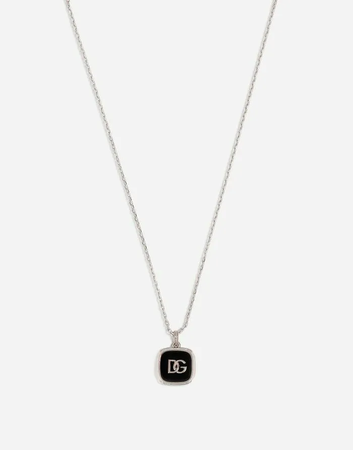 Dolce and Gabbana Bijoux Men Necklace With Enameled DG Logo Pendant Silver Dolce and Gabbana Bijoux Men Necklace With Enameled DG Logo Pendant Silver