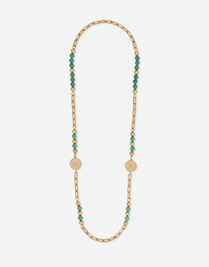 Dolce and Gabbana Bijoux Men Necklace With Natural Stones And DG Logo Medallions Gold