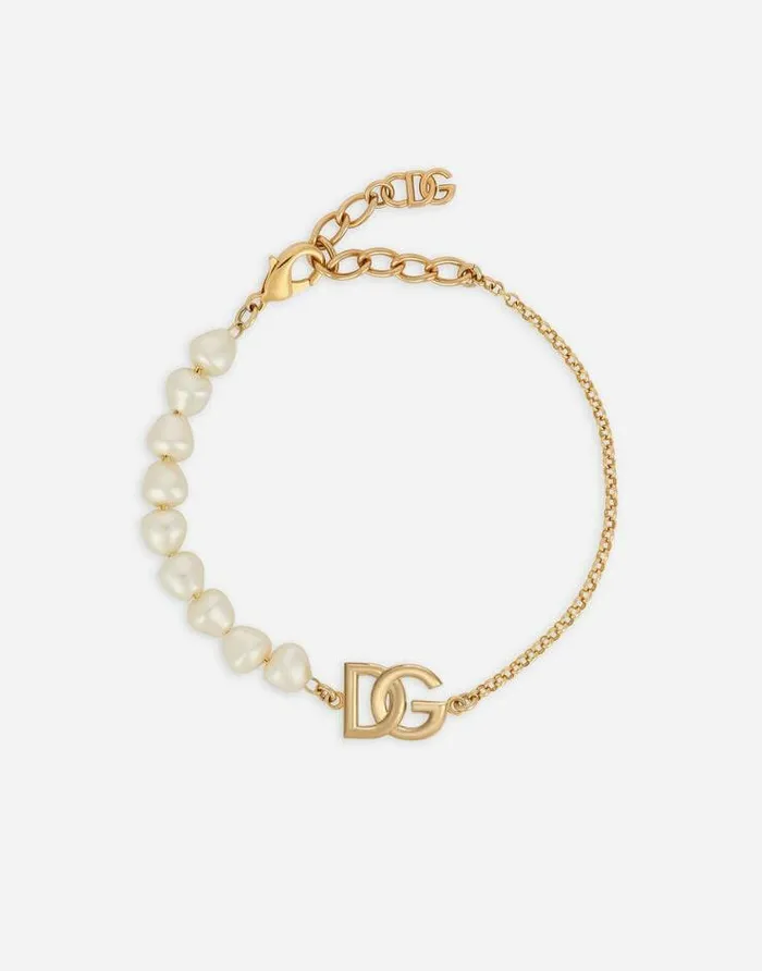 Dolce and Gabbana Bijoux Women Link Bracelet With Pearls And DG Logo Gold