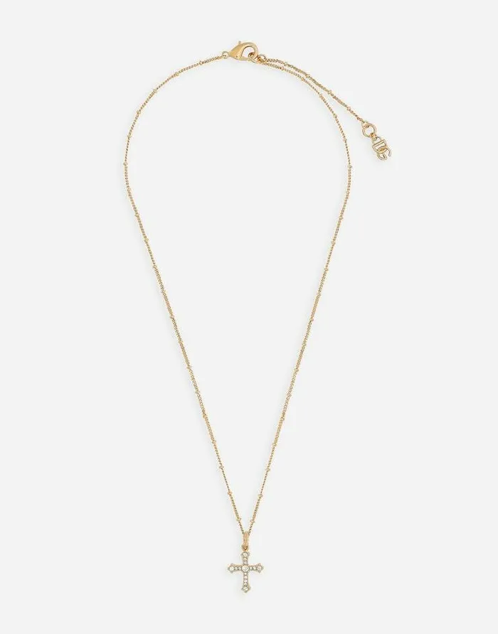 Dolce and Gabbana Bijoux Women Rosary Necklace With Rhinestonedetailed Cross And DG Logo Gold Dolce and Gabbana Bijoux Women Rosary Necklace With Rhinestonedetailed Cross And DG Logo Gold