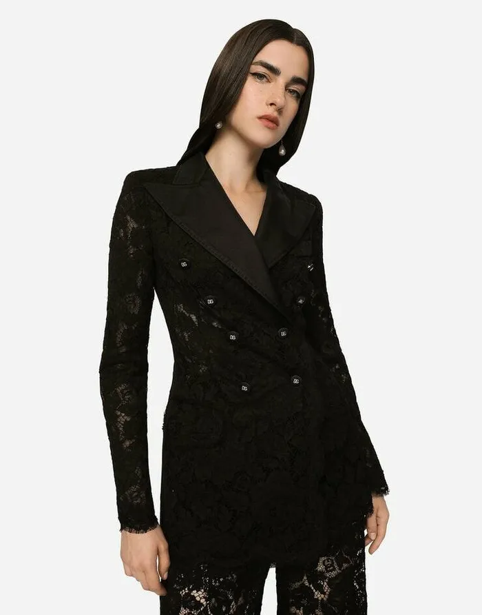 Dolce and Gabbana Blazers Women Branded Stretch Lace Turlington Blazer Black Dolce and Gabbana Blazers Women Branded Stretch Lace Turlington Blazer Black
