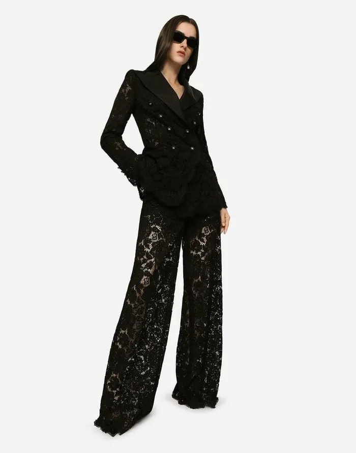 Dolce and Gabbana Blazers Women Branded Stretch Lace Turlington Blazer Black Dolce and Gabbana Blazers Women Branded Stretch Lace Turlington Blazer Black