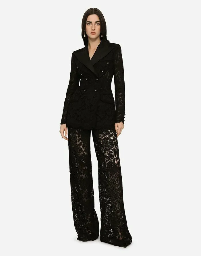 Dolce and Gabbana Blazers Women Branded Stretch Lace Turlington Blazer Black Dolce and Gabbana Blazers Women Branded Stretch Lace Turlington Blazer Black
