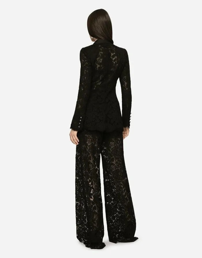 Dolce and Gabbana Blazers Women Branded Stretch Lace Turlington Blazer Black Dolce and Gabbana Blazers Women Branded Stretch Lace Turlington Blazer Black