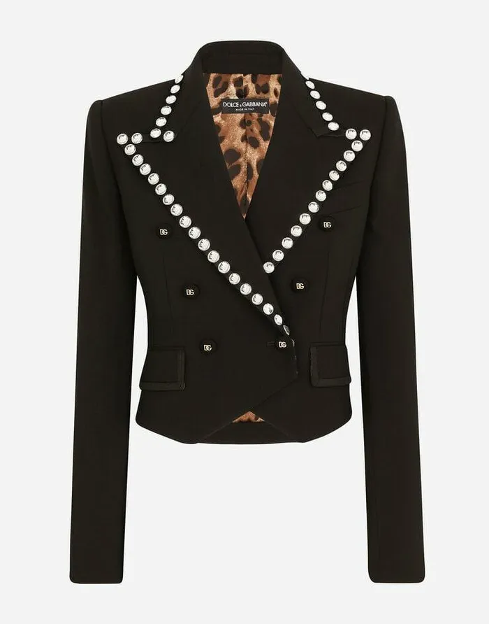 Dolce and Gabbana Blazers Women Wool Spencerfit Jacket With Crystal Piping Black