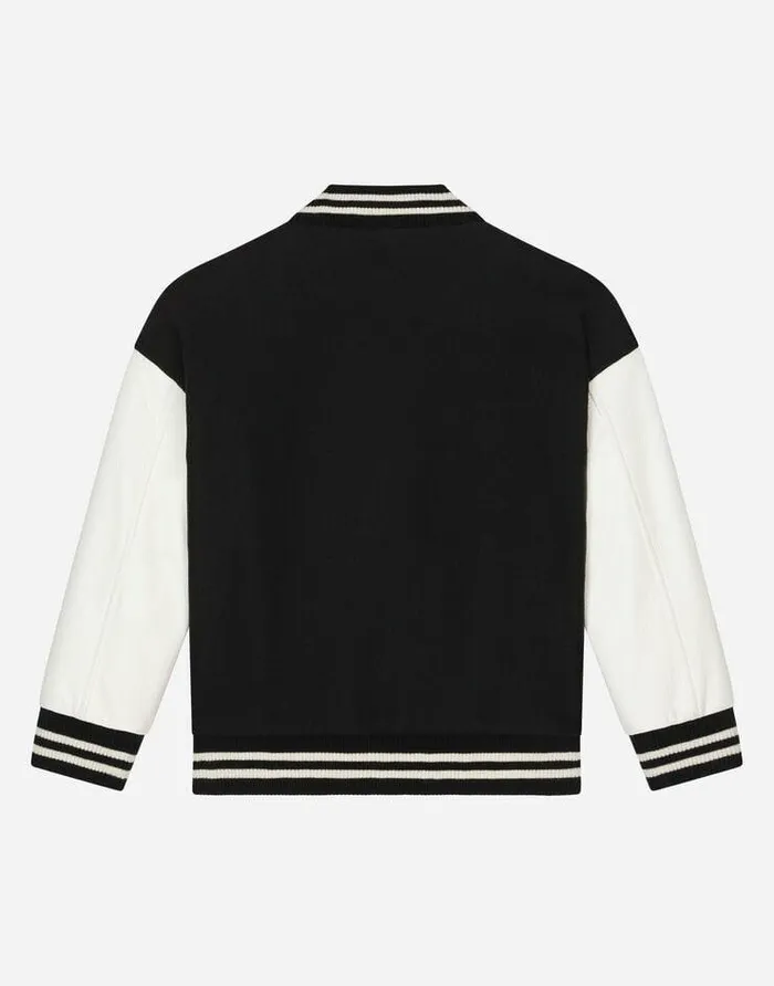 Dolce and Gabbana Coats And Jackets Children Leather And Baize Bomber Jacket With DG Logo Patch Multicolor Dolce and Gabbana Coats And Jackets Children Leather And Baize Bomber Jacket With DG Logo Patch Multicolor