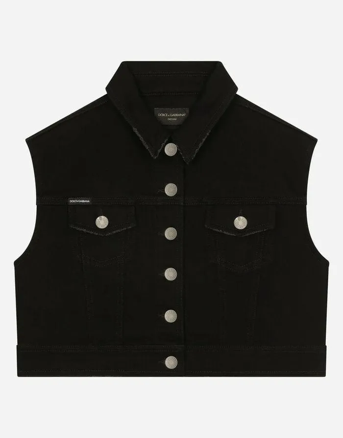 Dolce and Gabbana Coats And Jackets Children Stretch Denim Gilet With Branded Plate Black