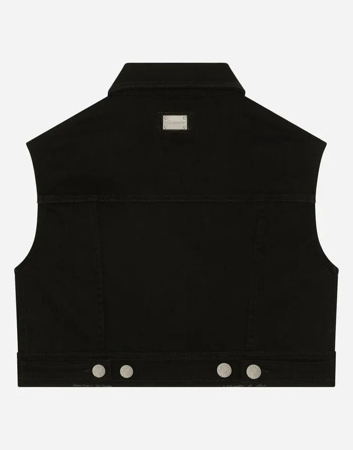 Dolce and Gabbana Coats And Jackets Children Stretch Denim Gilet With Branded Plate Black Dolce and Gabbana Coats And Jackets Children Stretch Denim Gilet With Branded Plate Black
