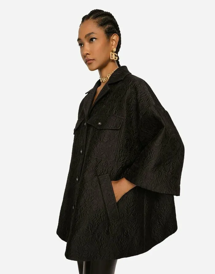Dolce and Gabbana Coats And Jackets Women Short Floral Jacquard Cape Black Dolce and Gabbana Coats And Jackets Women Short Floral Jacquard Cape Black
