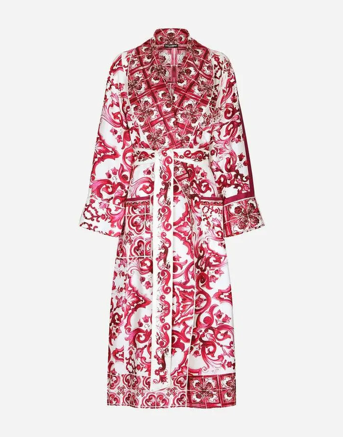 Dolce and Gabbana Coats And Jackets Women Twill Wrap Coat With Belt And Majolica Print Multicolor Dolce and Gabbana Coats And Jackets Women Twill Wrap Coat With Belt And Majolica Print Multicolor