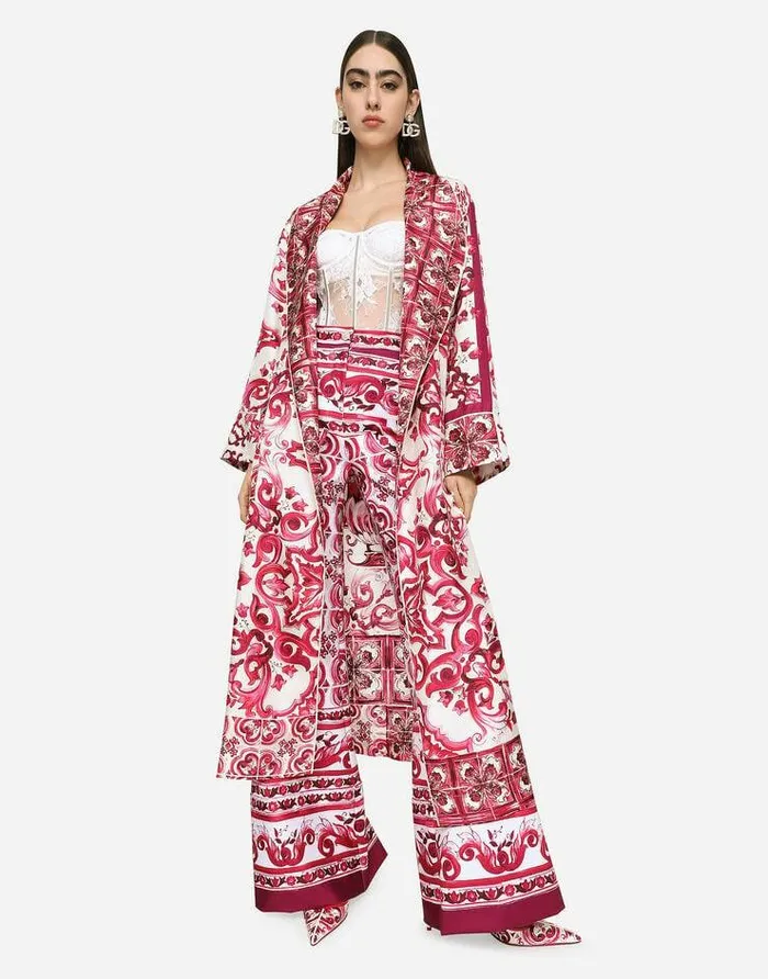 Dolce and Gabbana Coats And Jackets Women Twill Wrap Coat With Belt And Majolica Print Multicolor Dolce and Gabbana Coats And Jackets Women Twill Wrap Coat With Belt And Majolica Print Multicolor