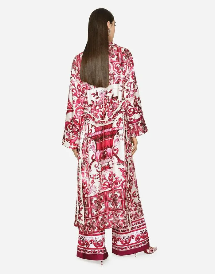 Dolce and Gabbana Coats And Jackets Women Twill Wrap Coat With Belt And Majolica Print Multicolor Dolce and Gabbana Coats And Jackets Women Twill Wrap Coat With Belt And Majolica Print Multicolor
